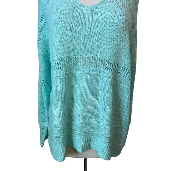 Olivia Sky NWT Women's 1X Boho Open Knit Long Sleeve V Neck Hi Lo Mint Sweater - Picture 6 of 11
